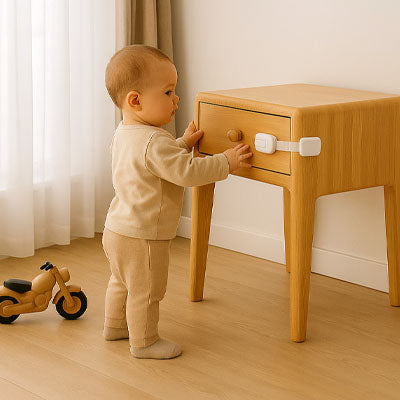 bloque porte blanc enfant debout essaie ouvrir table basse bois push-to-close