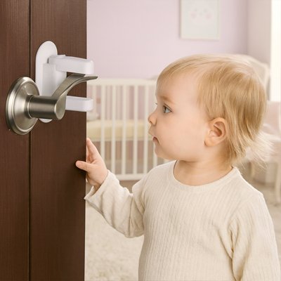 bloquer les portes pour bebe blanc enfant blond debout porte blanche poignée ronde rotation double action