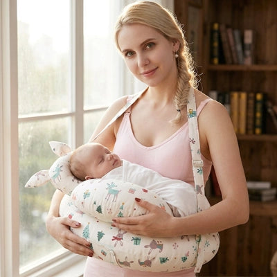 coussin allaitement motifs forêt maman blonde debout fenêtre allaite bébé sangle