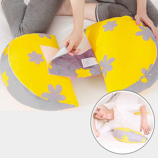 coussin de grossesse jaune gris vue dos forme ergonomique