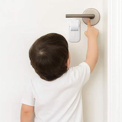 bloque porte bebe blanc bébé blanc debout dos essaie atteindre poignée porte