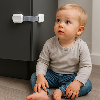 bloque porte blanc bébé gris assis sol regarde push-to-close sangle meuble