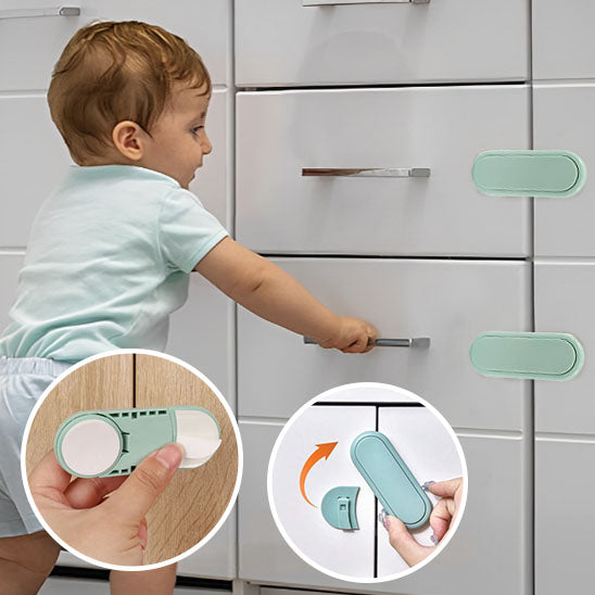 bloque porte vert clair bébé essaie ouvrir tiroir cuisine verrou rotatif