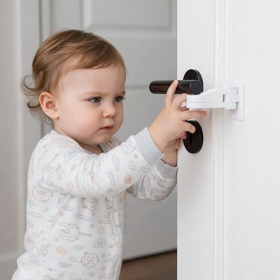 bloque porte blanc bébé pyjama blanc fleurs essaie ouvrir porte blanche poignée noire