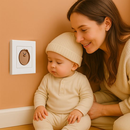 cache-prise-forme-visage-ours-marron-branché-sur-prise-avec-bébé-coté-maman-regardent-prise