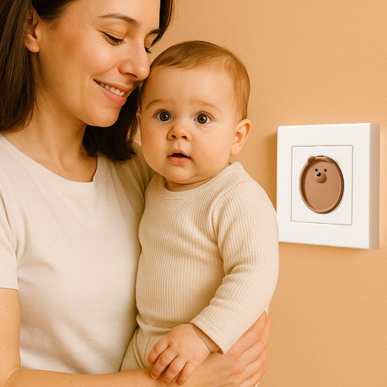 cache-prise-forme-visage-ours-marron-branché-sur-prise-avec-maman-portant-fils-en-sécurité