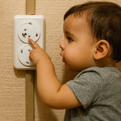 cache prise ours blanc bébé essaie toucher prise double mur béton
