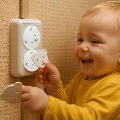 cache prise ours blanc bébé souriant prise double mur beige