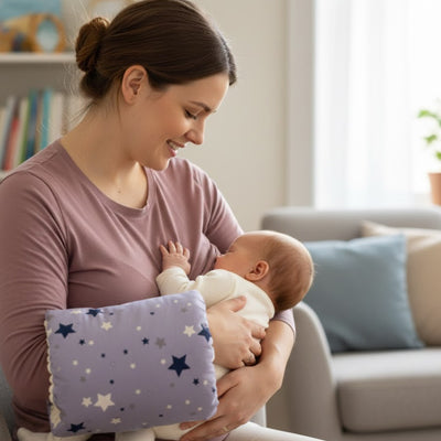 coussin allaitement bleu étoiles maman souriante canapé allaite bébé salon