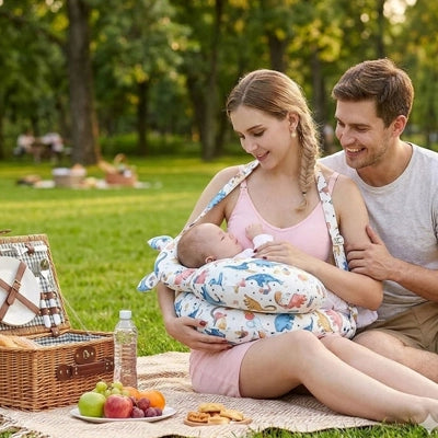 coussin allaitement motifs animaux couple souriant parc pique-nique allaite bébé
