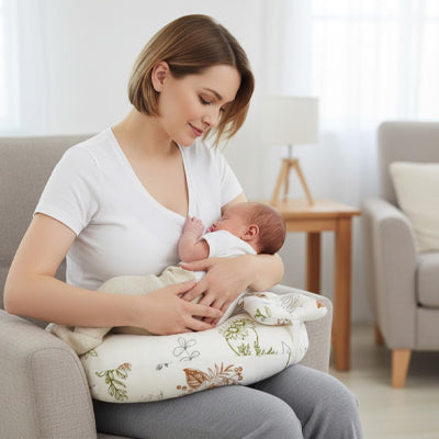 coussin allaitement motifs feuilles maman cheveux courts allaite bébé salon