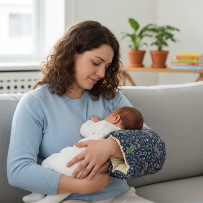 coussin allaitement motifs fleurs bleu maman cheveux bouclés canapé allaite bébé