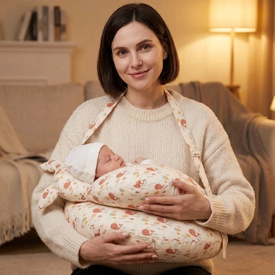 coussin allaitement motifs fleurs maman brune pull beige salon allaite bébé sangle