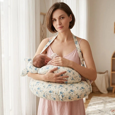 coussin allaitement motifs fleurs maman brune robe rose debout fenêtre allaite bébé