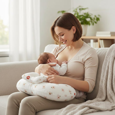 coussin allaitement motifs fleurs maman brune souriante canapé allaite bébé