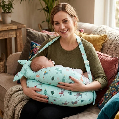 coussin allaitement motifs forêt maman souriante canapé coloré allaite bébé sangle