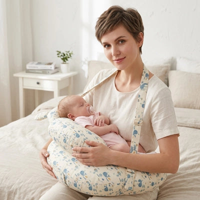 coussin allaitement motifs nature maman cheveux courts assise lit allaite bébé