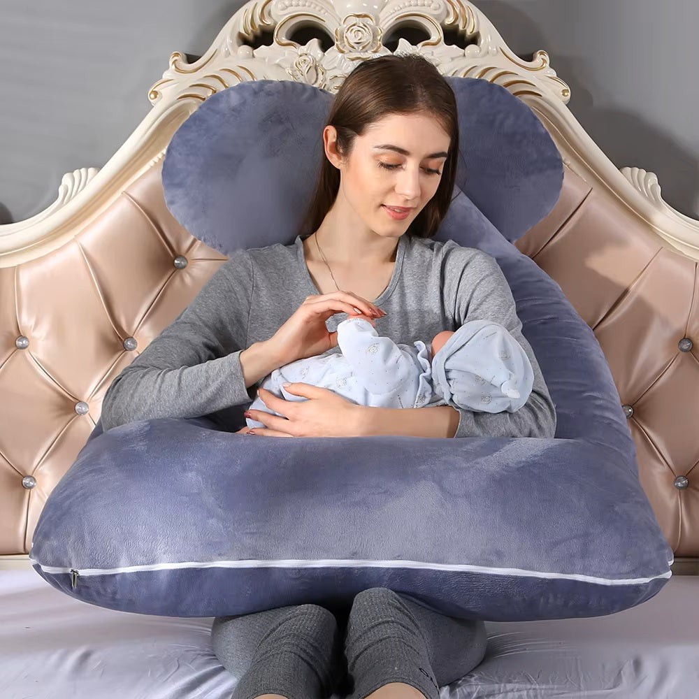 coussin de grossesse gris femme allaitement bébé position assise