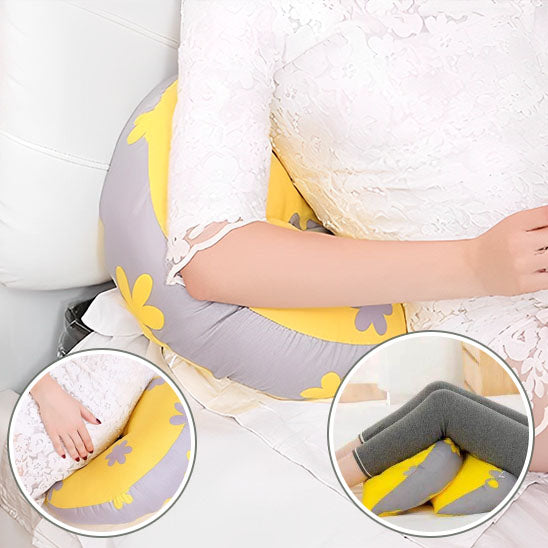 coussin de grossesse jaune gris femme enceinte debout soutien ventre