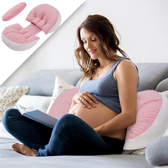coussin de grossesse rose blanc femme enceinte assise soutien ventre