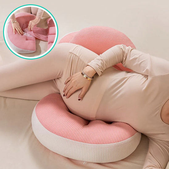 coussin de grossesse rose femme allongée côté zoom fermeture éclair